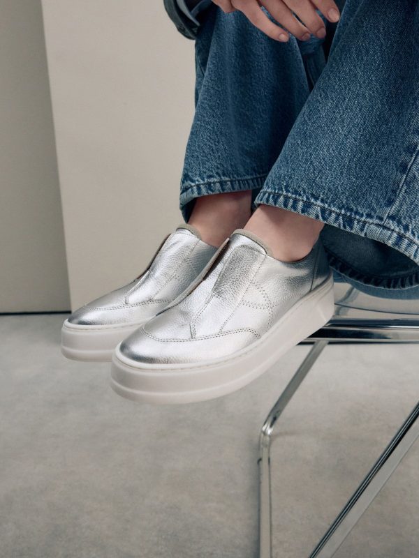 MUCHU8651 Silver Slip On Signature Leather Chunky Wedge Platform Trainers - Image 4