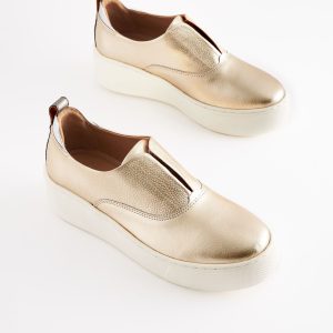 MUCHU8653 Gold Slip On Signature Leather Chunky Wedge Platform Trainers