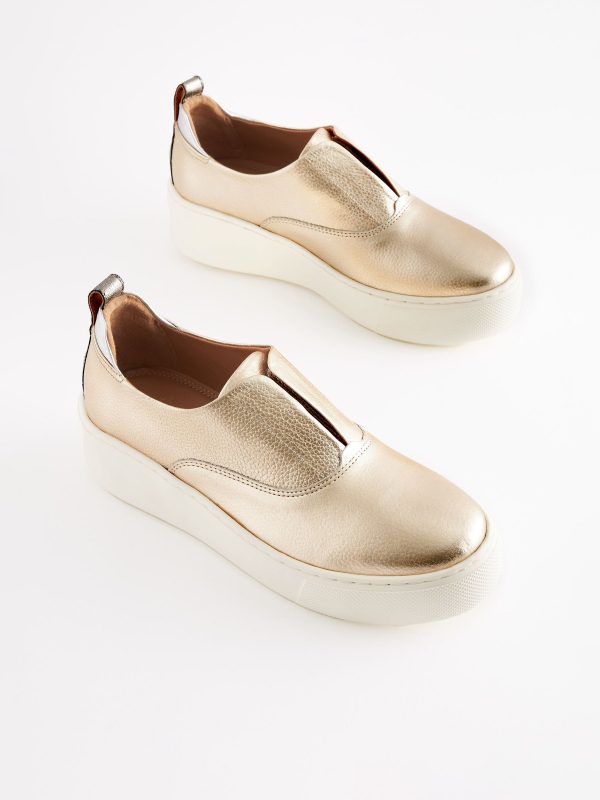 MUCHU8653 Gold Slip On Signature Leather Chunky Wedge Platform Trainers