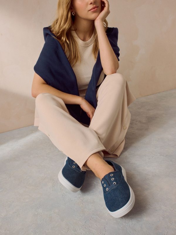 MUCHU8654 Denim Embroidered Laceless Canvas Slip-On Trainers